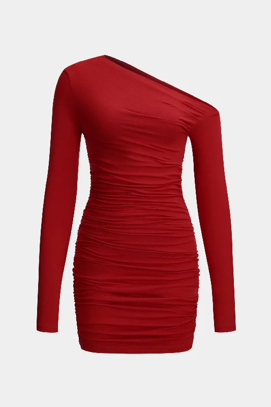 Women's Keyhole-Neck DressesRuched Asymmetry Neck Long Sleeve Mini Dress