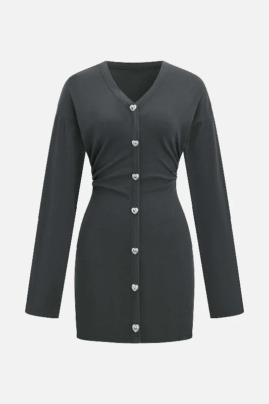 Women's Peter Pan Collar DressesButton V-Neck Long Sleeve Mini Dress