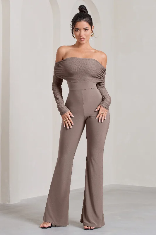 Women's Jumpsuits with Collarless NeckWhisper | Mocha Ruched Mesh Bardot Jumpsuit