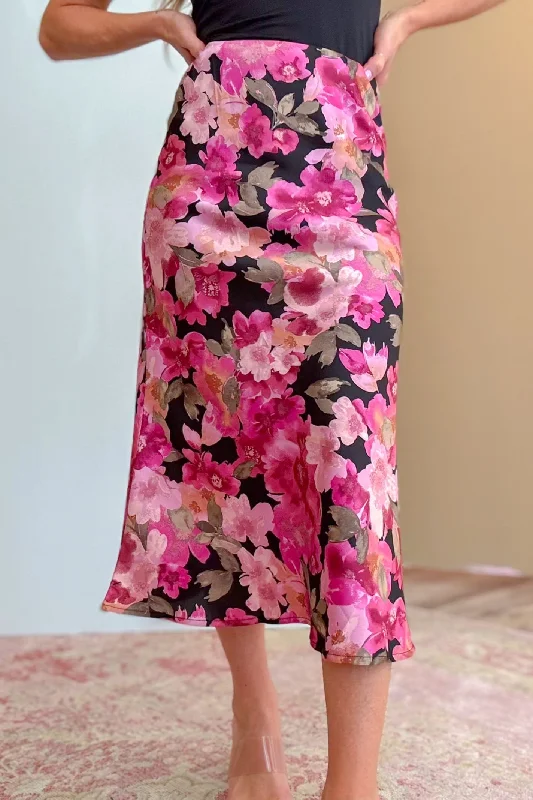 Women's Lapel Collar DressesWomen's Lightweight SkirtsFloral Embrace Black And Fuchsia Satin Midi Skirt