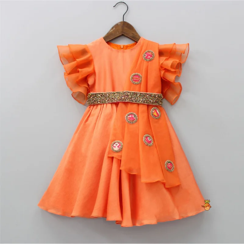 Women's Jumpsuits with Wide CollarOrganza Ruffle Sleeves Orange Flap Kurti With Attached Waist Belt