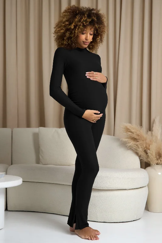 Women's Jumpsuits with Low CollarFia | Black High-Neck Slim-Leg Maternity Jumpsuit