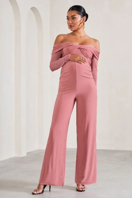 Women's Jumpsuits with Low CollarKyla | Blush Pink Ruched Bardot Long-Sleeved Wide-Leg Maternity Jumpsuit