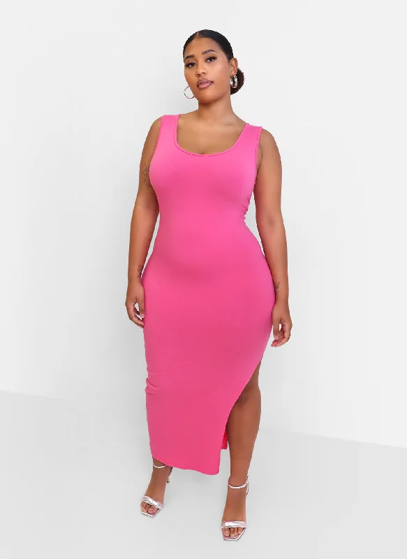 Women's Boat-Neck DressesEssential Cotton Maxi Dress w. Side Slit - Bubble Gum Pink