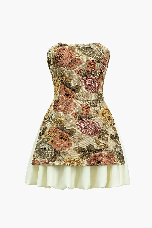 Women's Cap-Sleeve DressesFloral Print Strapless Patchwork Slit Mini Dress