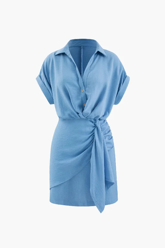 Women's Narrow Collar DressesRuched Detail Mini Shirt Dress