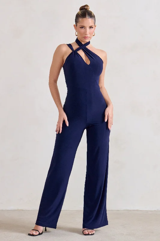 Women's Jumpsuits with Straight HemTilly | Navy Cut Out Halterneck Asymmetrical Jumpsuit