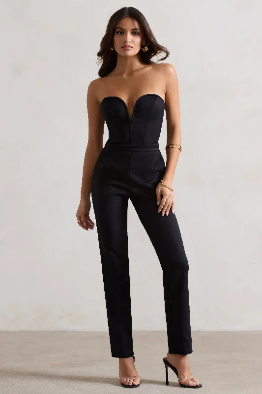 Women's Jumpsuits with V-Shaped HemCamden | Black Corset Style Tailored Straight-Leg Jumpsuit