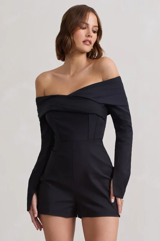 Women's Jumpsuits with Elastic WaistFront Row | Black Long-Sleeved Bardot Corset Playsuit