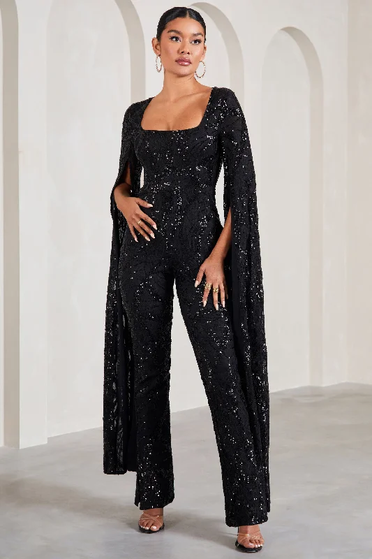 Women's Jumpsuits with ZipperCher | Black Sequin Lace Square-Neck Jumpsuit With Cape Sleeves