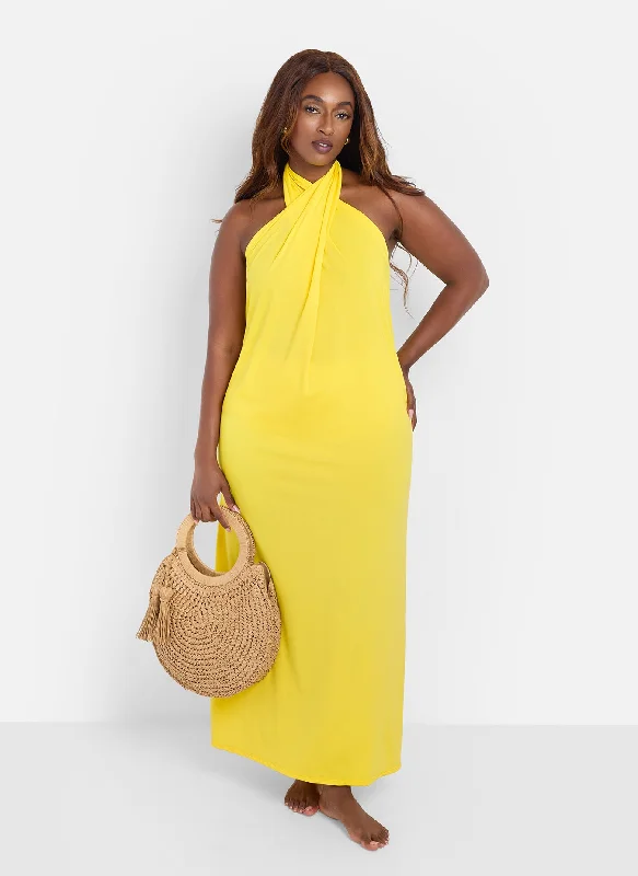 Women's Shawl Collar DressesBeach Stroll Halter Slip Maxi Dress - Yellow