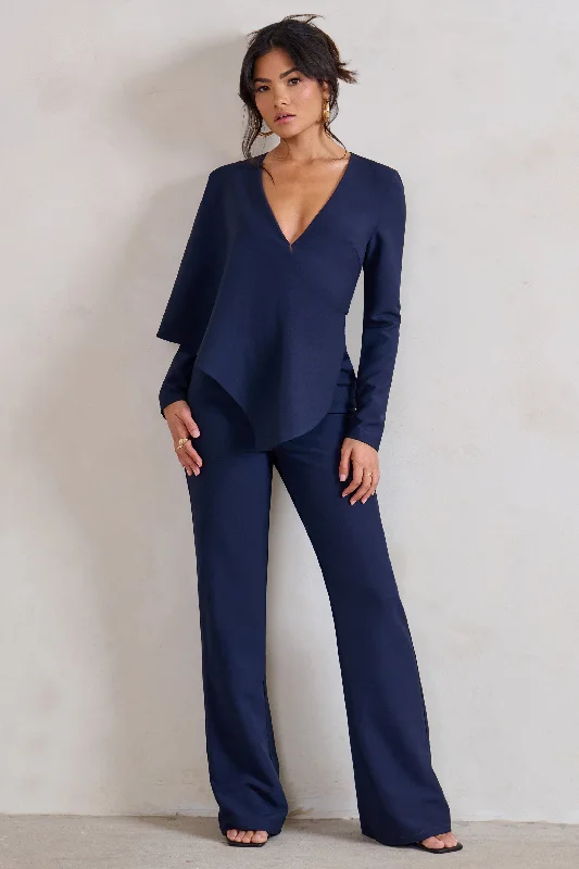 Women's Jumpsuits with Collarless DesignErika | Navy Plunge Jumpsuit with One-Shoulder Cape Overlay