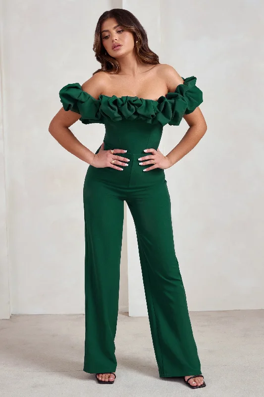 Women's Jumpsuits with V-Shaped CollarEsmie | Bottle Green Structured Statement Bardot Wide Leg Jumpsuit