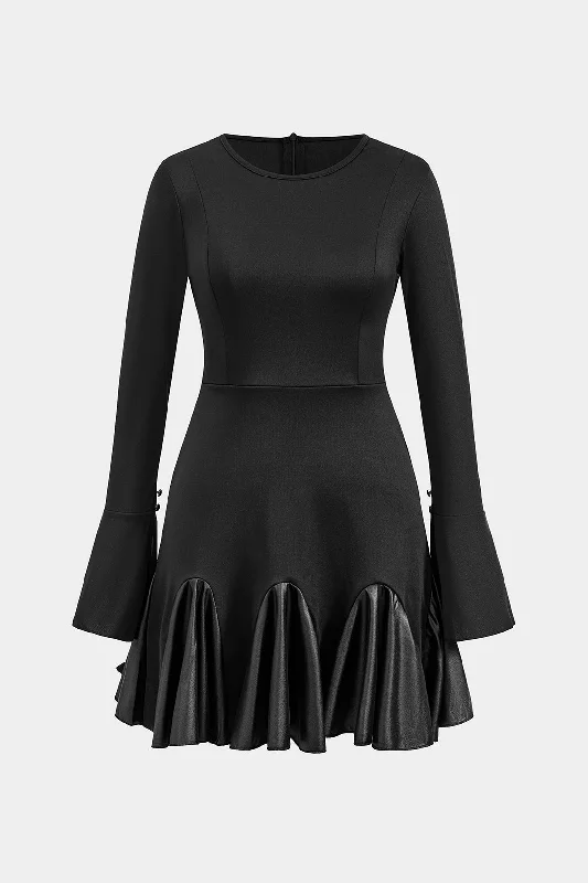 Women's Low Collar DressesFaux Leather Patchwork Round Neck Long Sleeve Mini Dress