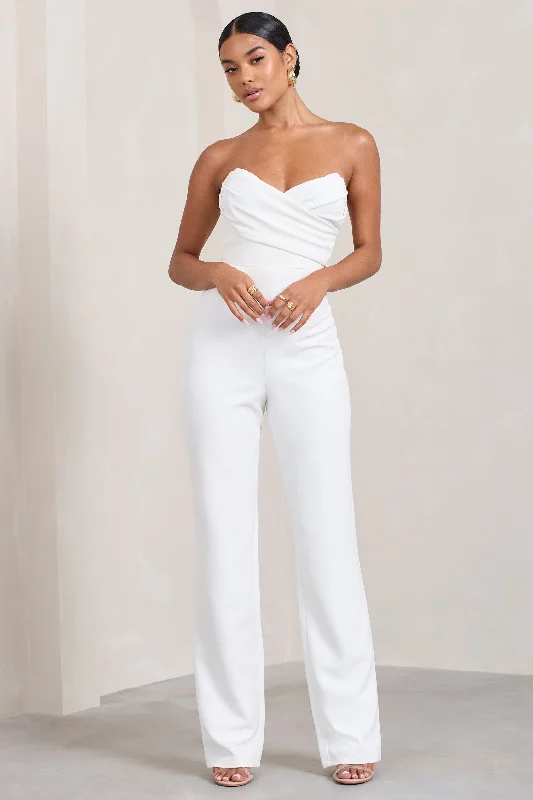 Women's Jumpsuits with V-Shaped HemBellezza | White Bandeau Corset Wide Leg Jumpsuit