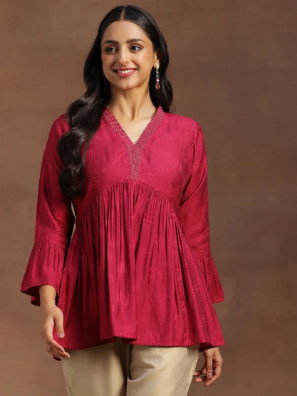 Women's Jumpsuits with Notched CollarMagenta Woven Design Silk Blend A-line Kurti