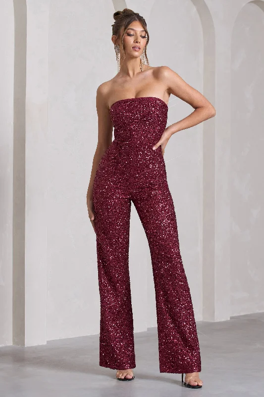 Women's Jumpsuits with Sweetheart CollarRay | Berry Sequin Bandeau Wide-Leg Jumpsuit