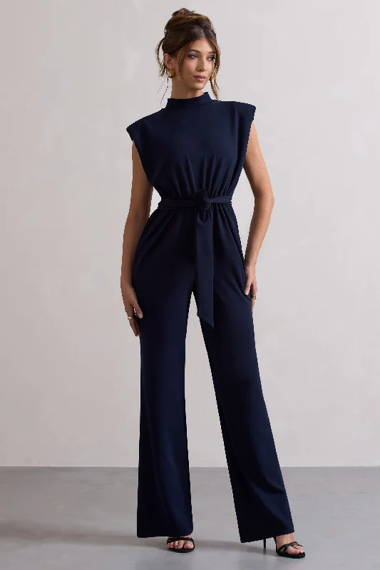 Women's Jumpsuits with U-Shaped NeckKalona | Navy High-Neck Wide-Leg Jumpsuit With Tie Waist