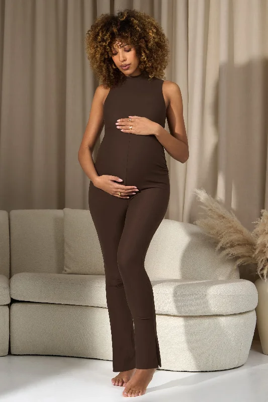 Women's Jumpsuits with U-Shaped CollarIssy | Chocolate High-Neck Sleeveless Maternity Jumpsuit