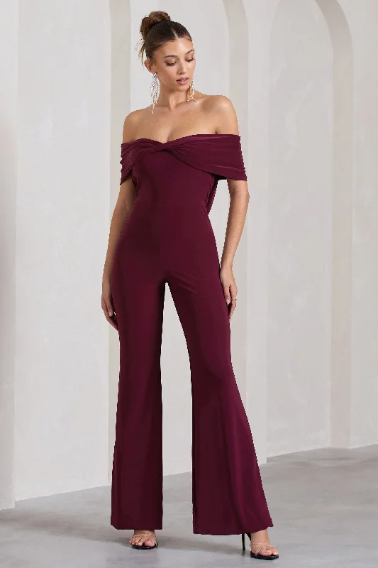 Women's Jumpsuits with ZipperGemma | Burgundy Bardot Open-Back Flared-Leg Jumpsuit