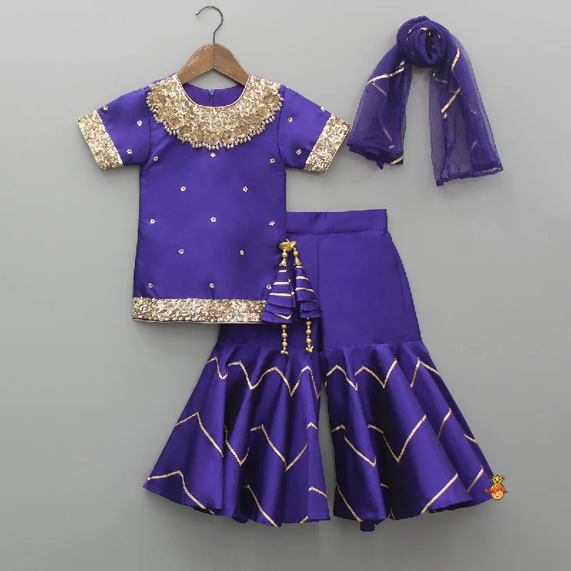 Women's Jumpsuits with Cropped LengthEmbroidered Purple Kurti And Sharara With Net Dupatta