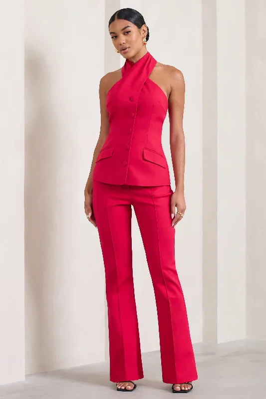 Women's Jumpsuits with Keyhole CollarKehlani | Red High Waist Wide Leg Trousers