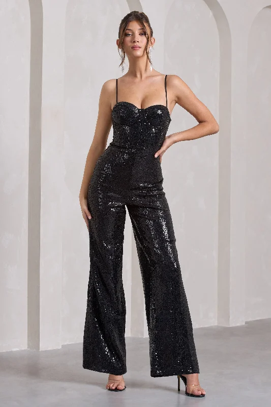 Women's Jumpsuits with Shirt CollarDandelion | Black Strappy Corset Sequin Jumpsuit