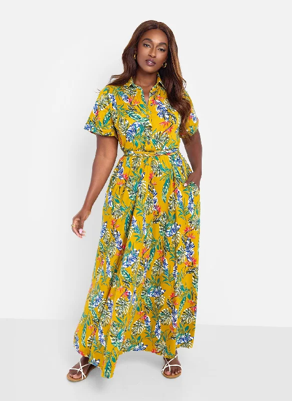 Women's High Collar DressesAllow Me Floral Print Button Top Skater Maxi Dress - Mustard