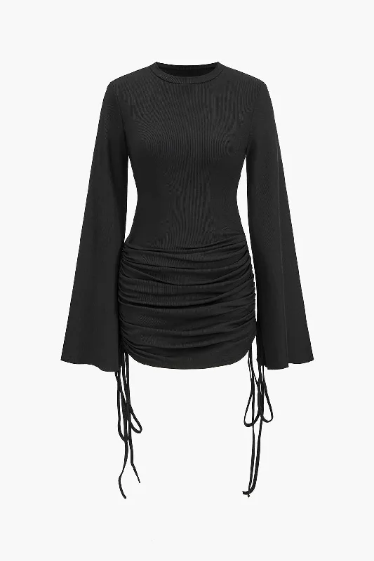 Women's V-Neck DressesRound Neck Ruched Drawstring Bell Long Sleeve Mini Dress