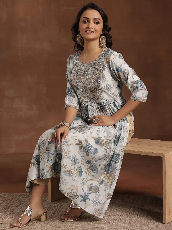 Women's Jumpsuits with Shawl CollarBlue Printed Silk A-Line Kurta