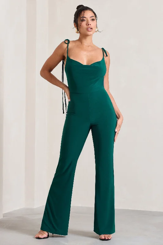 Women's Sleeveless JumpsuitsPose | Bottle Green Cowl-Neck Strappy Flared-Leg Jumpsuit