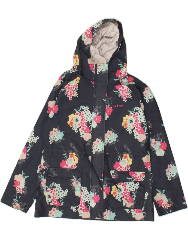 Women's Coats with Fur Trimmed ButtonsANIMAL Womens Hooded Windbreaker Jacket UK 10 Small Navy Blue Floral