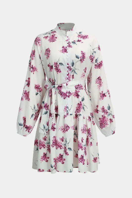 Women's Notched Collar DressesFloral Print Tie-Up Long Sleeve Mini Dress