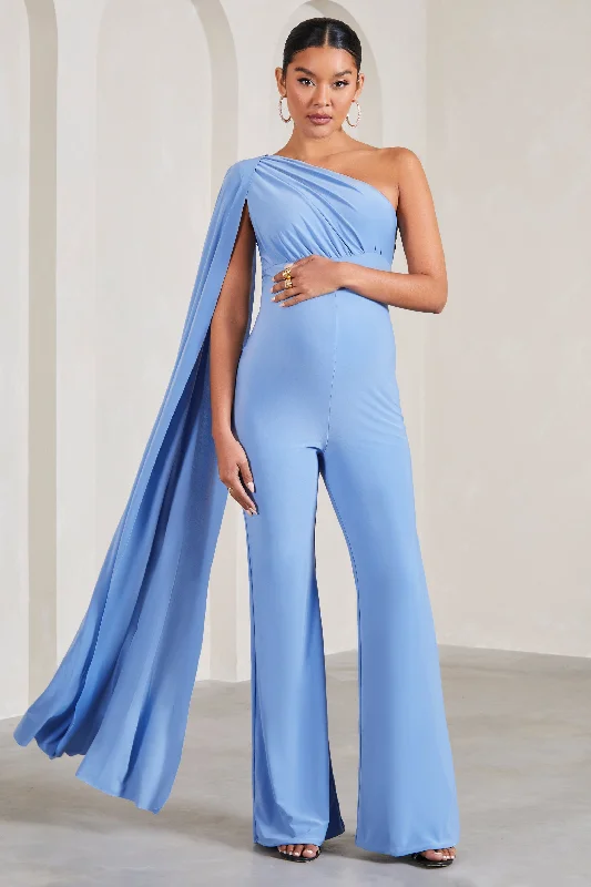 Women's Jumpsuits with Rounded CollarSing To Sleep | Powder Blue Maternity One Shoulder Cape Jumpsuit