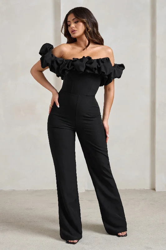 Women's Jumpsuits with Mandarin CollarEsmie | Black Structured Statement Bardot Wide Leg Jumpsuit