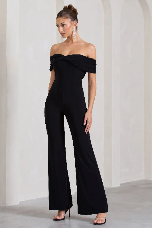 Women's Jumpsuits with Elastic WaistGemma | Black Bardot Open-Back Flared-Leg Jumpsuit