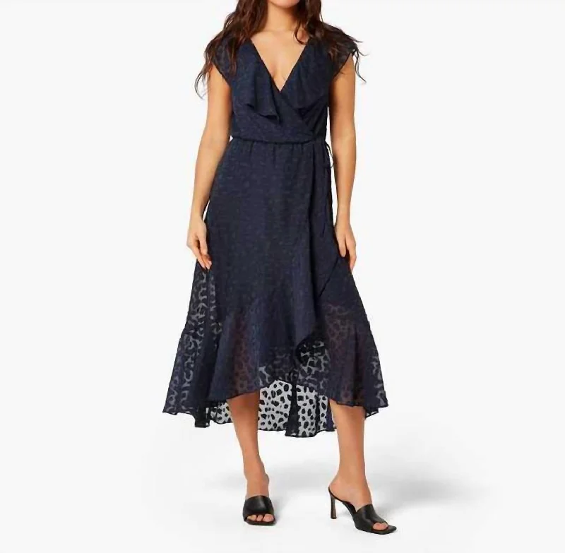 Women's Off-Shoulder DressesAnimal Print Ruffle Midi Dress In Navy