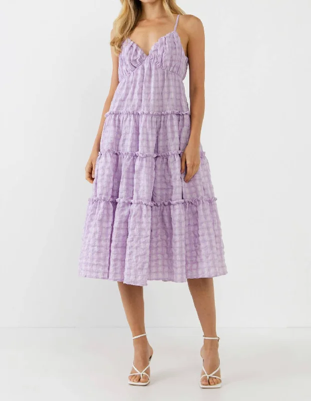 Women's Keyhole-Back DressesCheck Print Gauze Midi Dress In Lilac