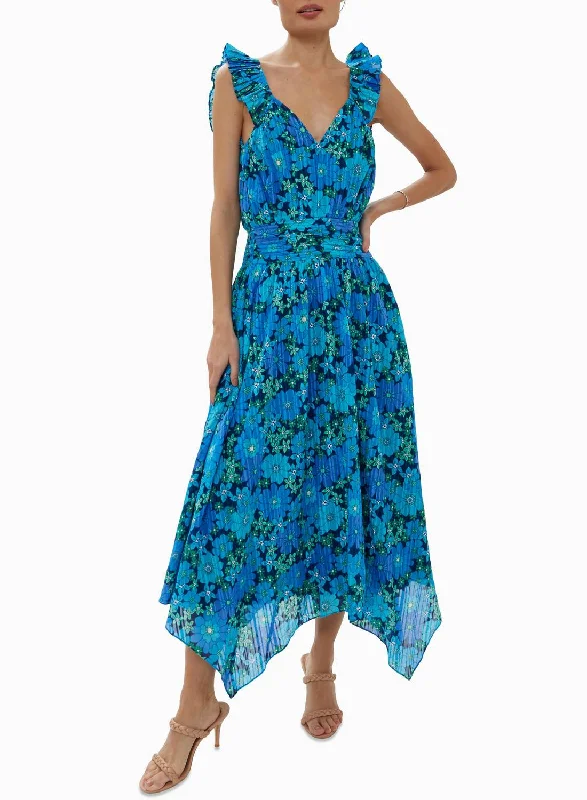 Women's Low Collar DressesGreta Midi Dress In Tropical Blue Retro Floral