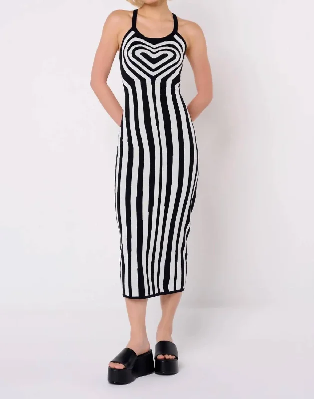 Women's Peter Pan Collar DressesMonochrome Heart Illusion Knit Midi Dress In Black/white