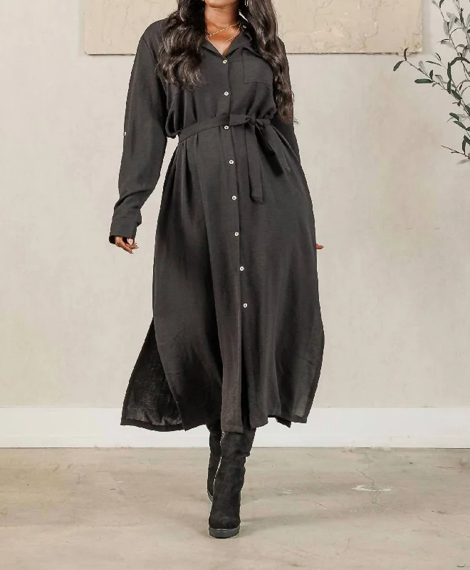 Women's Notched Collar DressesOlivia Shirt Midi Dress In Black