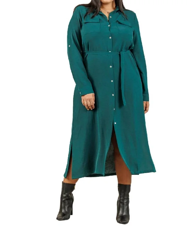 Women's Shawl Collar DressesOlivia Shirt Midi Dress In Emerald