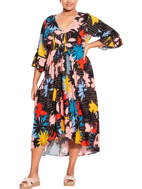 Women's Wide Collar DressesPlus Valencia Womens Daytime Floral Print Midi Dress