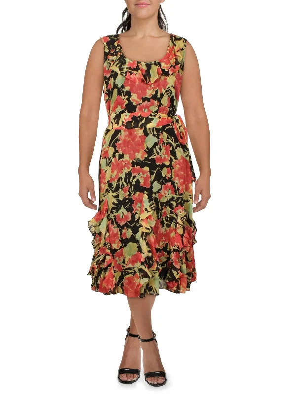 Women's Keyhole-Neck DressesPlus Womens Chiffon Floral Midi Dress