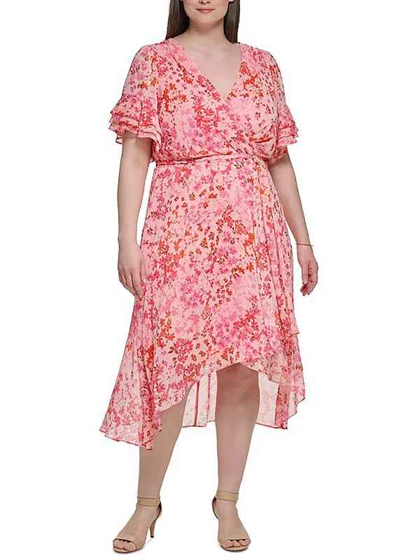 Women's Narrow Collar DressesPlus Womens Floral Ruffled Sleeve Midi Dress