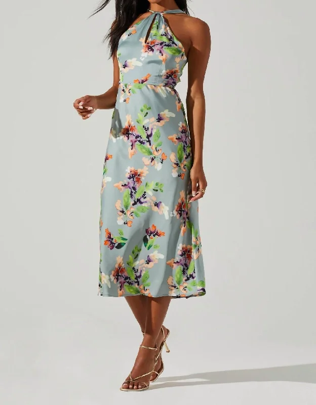 Women's U-Shaped Collar DressesSandrine Halter Midi Dress In Sage Orange Floral