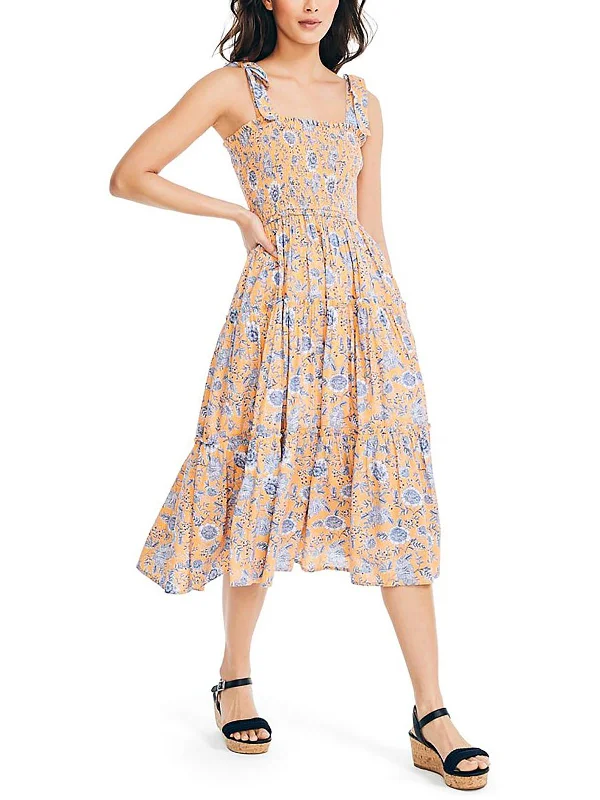 Women's Keyhole-Neck DressesWomens Floral Smocked Midi Dress