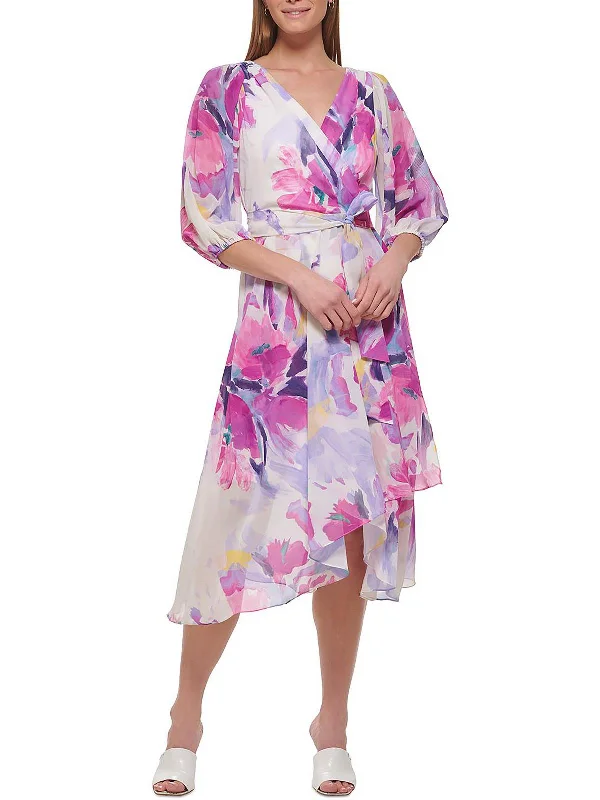 Women's Low Collar DressesWomens Semi-Formal Floral Print Midi Dress