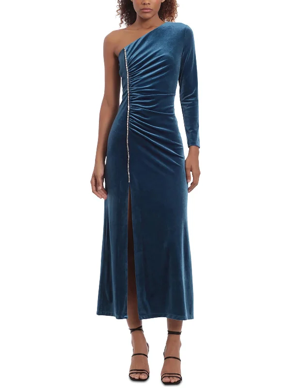 Women's V-Shaped-Neck DressesWomens Velvet Mid-Calf Midi Dress