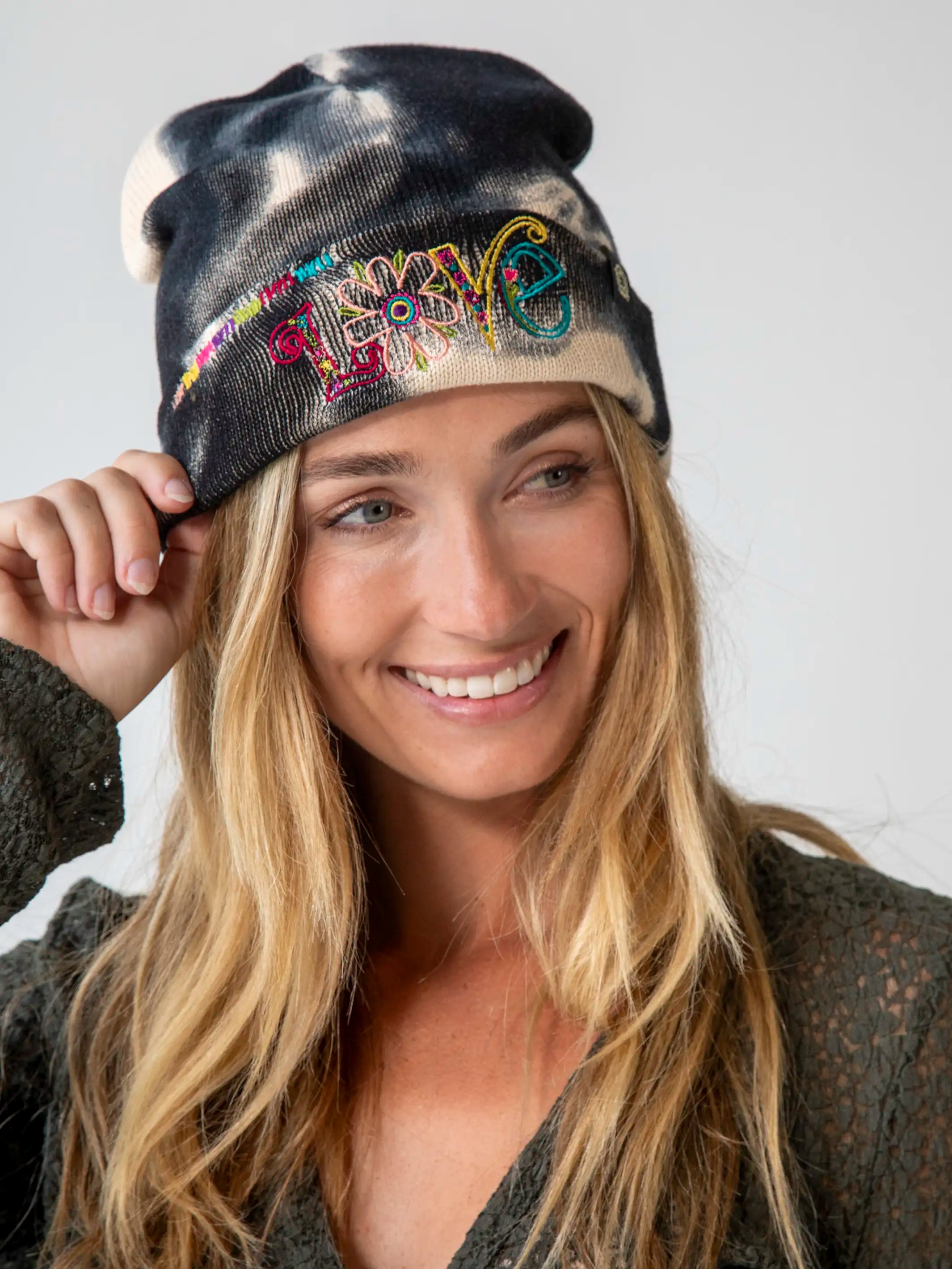 women's button-down pajama shirtsEmbroidered Beanie - Tie-Dye Love